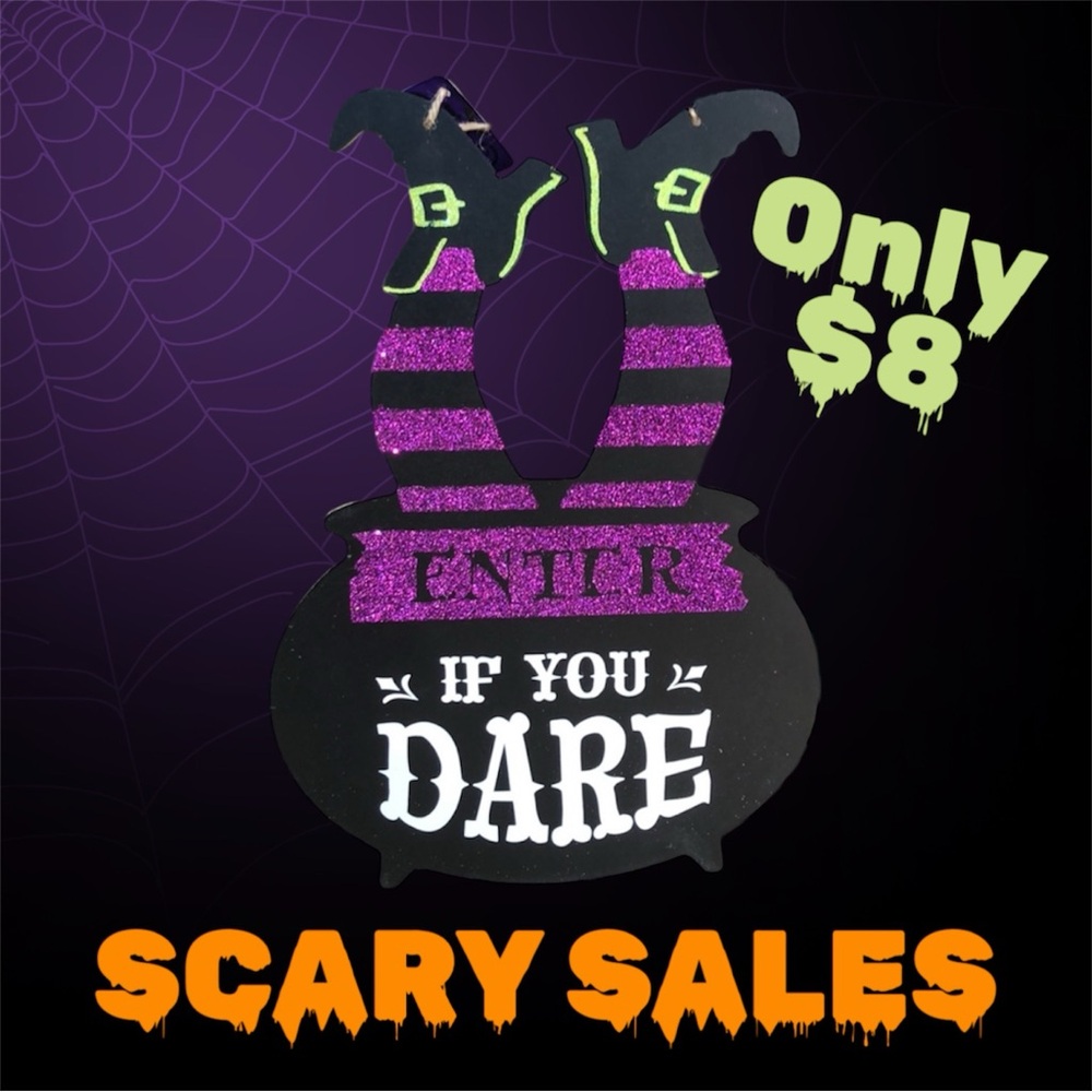 “Enter if you Dare” Cauldron Halloween sign decor